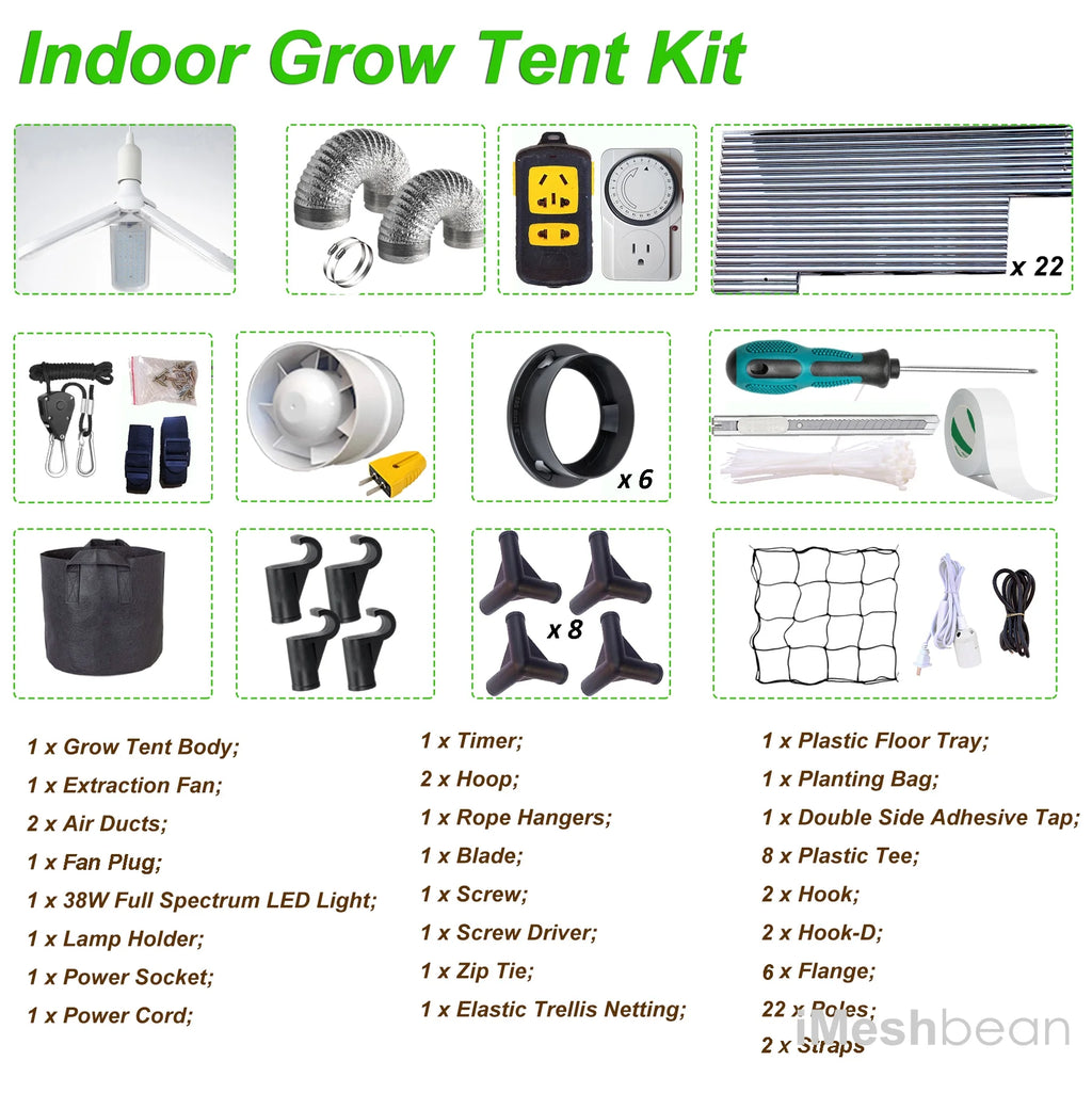 iMeshbean 24" x 24" x 55" Grow Tent Kit w/ LED Full Spectrum Grow Light & Air Ventilation Inline Fan Set