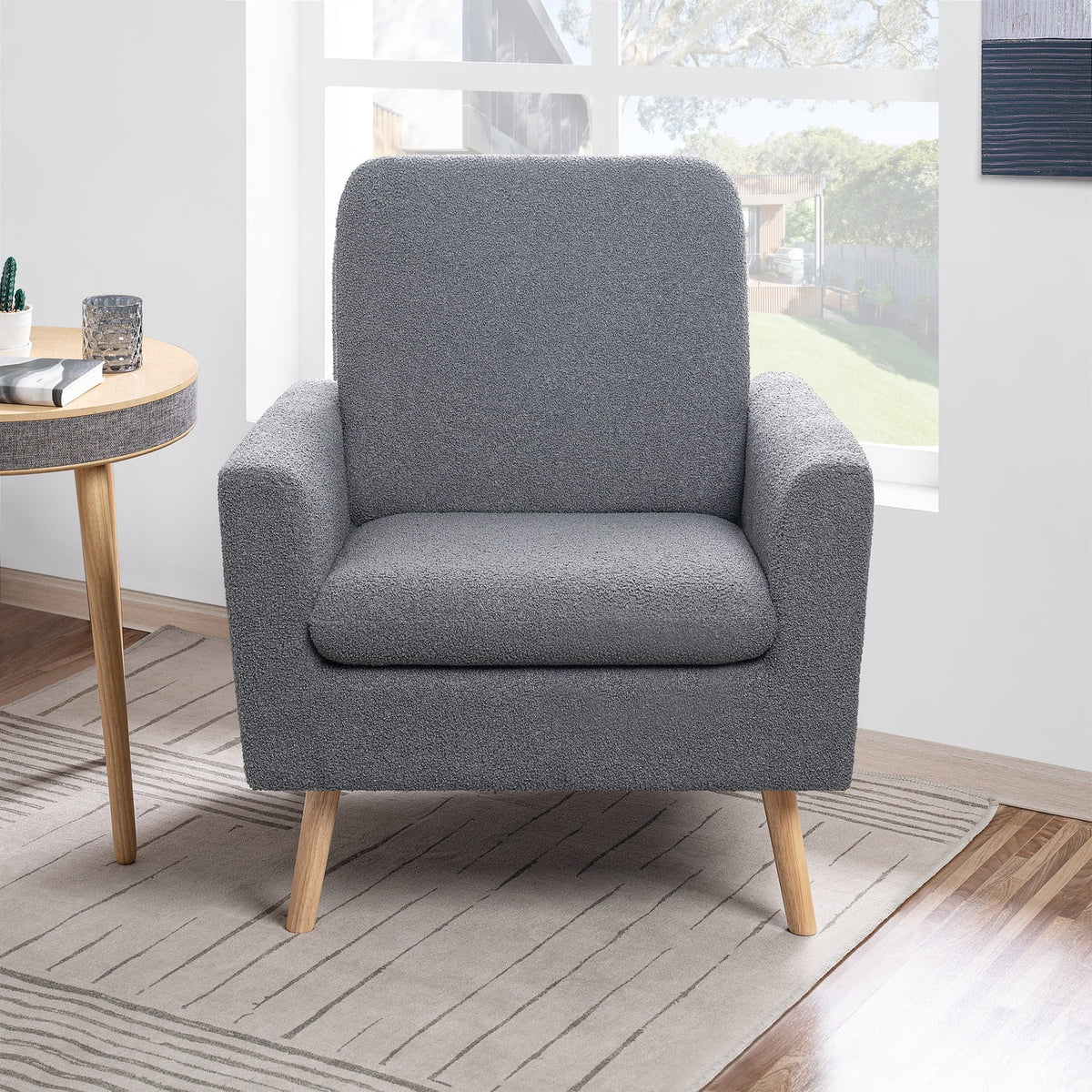 Naomi Home Frida Mid-Century Modern Accent Chair, Espresso Teddy Fleece Upholstered Armchair with Oak Legs, 28.74"D x 30.31"W x 35.04"H