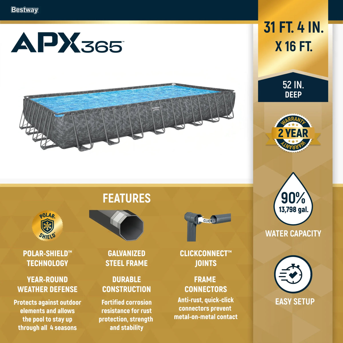 Piscine hors-sol rectangulaire Bestway APX 365 de 31 pi 4 po x 16 pi x 52 po