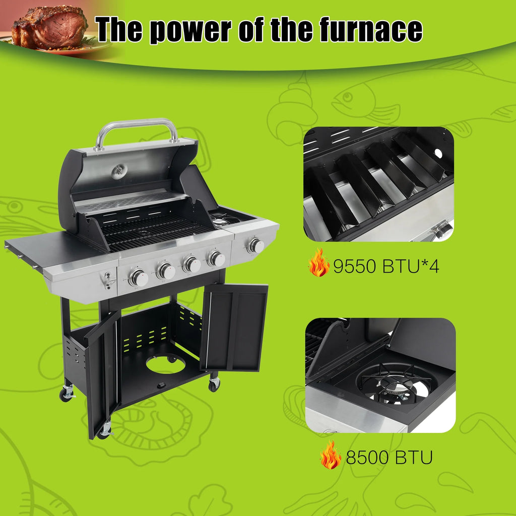 Witaxima 4-Burner Propane Gas Grill with Side Burner, 46,500 BTU Stainless Steel Outdoor BBQ Grill, Black and Silver, 47.2" x 17.9" x 45.28"