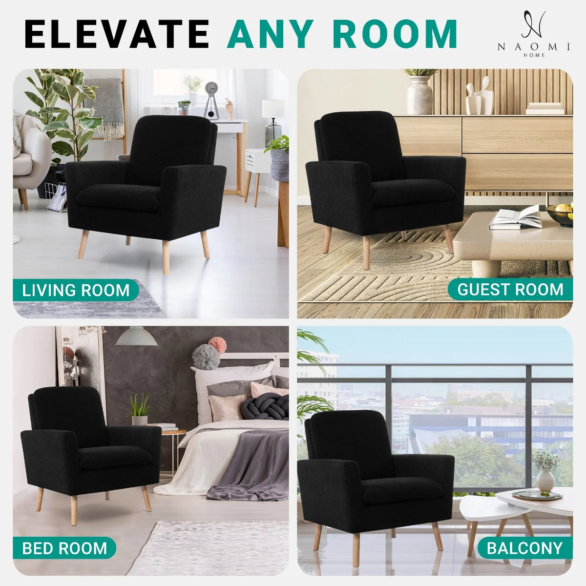 Naomi Home Frida Mid-Century Modern Accent Chair, Espresso Teddy Fleece Upholstered Armchair with Oak Legs, 28.74"D x 30.31"W x 35.04"H