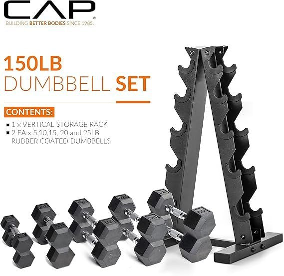 CAP Barbell Rubber Coated Dumbbell Weight Set with Vertical Rack | 100 lb, 150 lb, and 210 lb Options