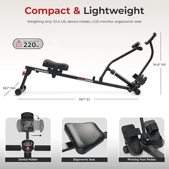 Sunny Health & Fitness Compact Adjustable Rowing Machine with 12 Levels of Resistance for Complete Body Workouts and Optional Free SunnyFit App Enhanced Connectivity