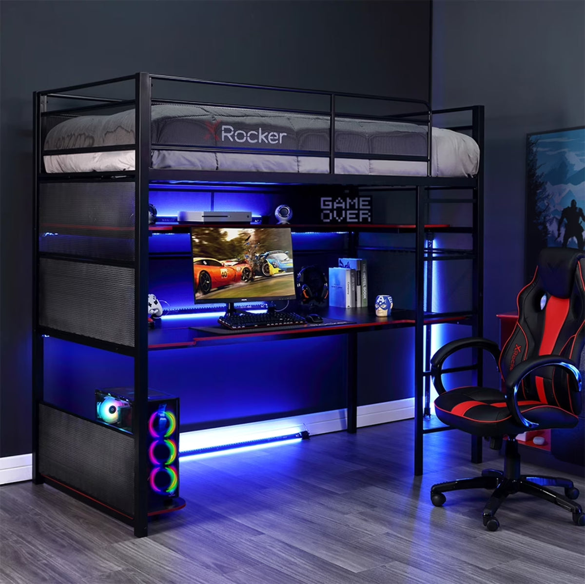 X Rocker Gaming Bunk Bed, Metal, Shelves, Twin, Black