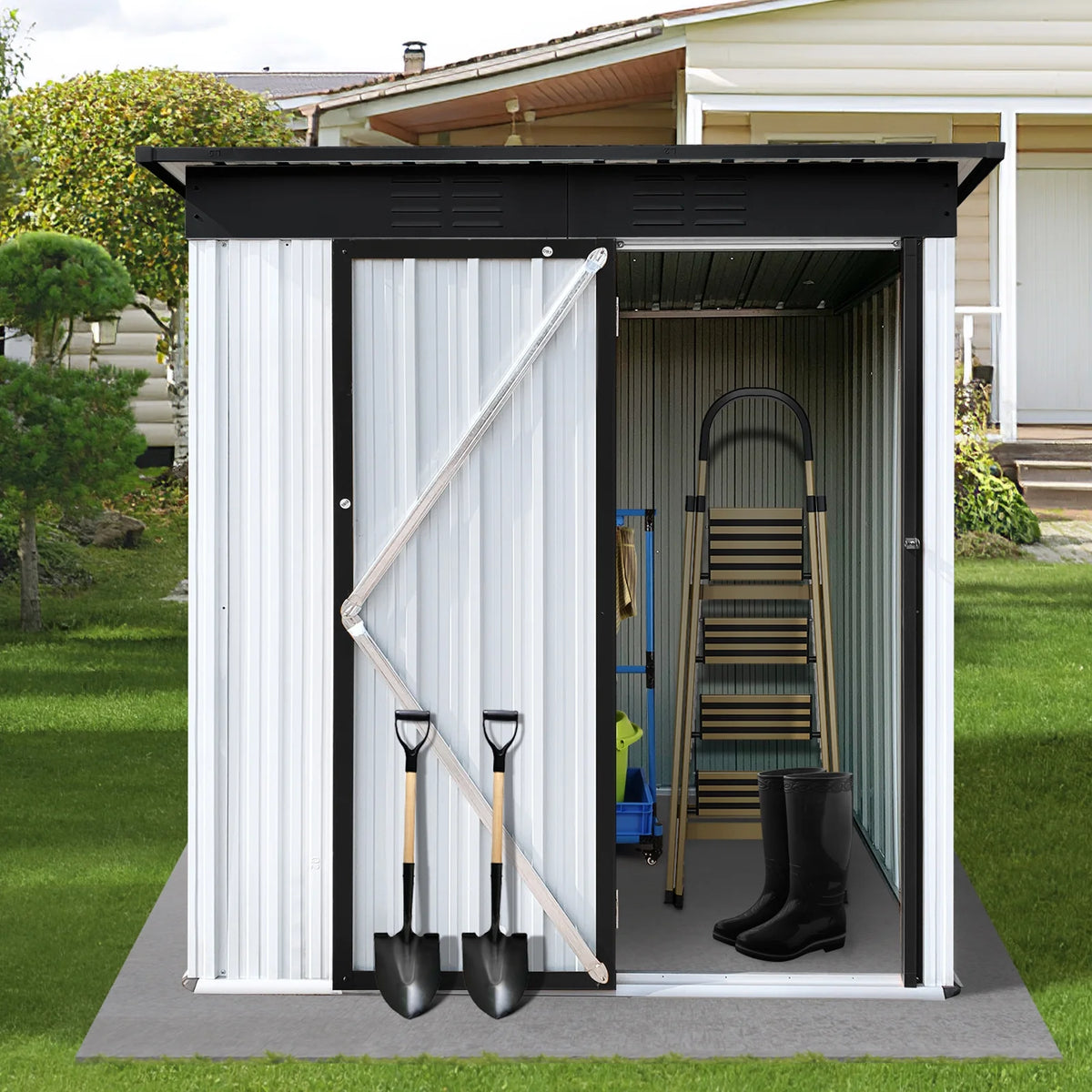 Sesslife Galvanized Steel Outdoor Storage Shed, 5' x 3' x 5.8', White