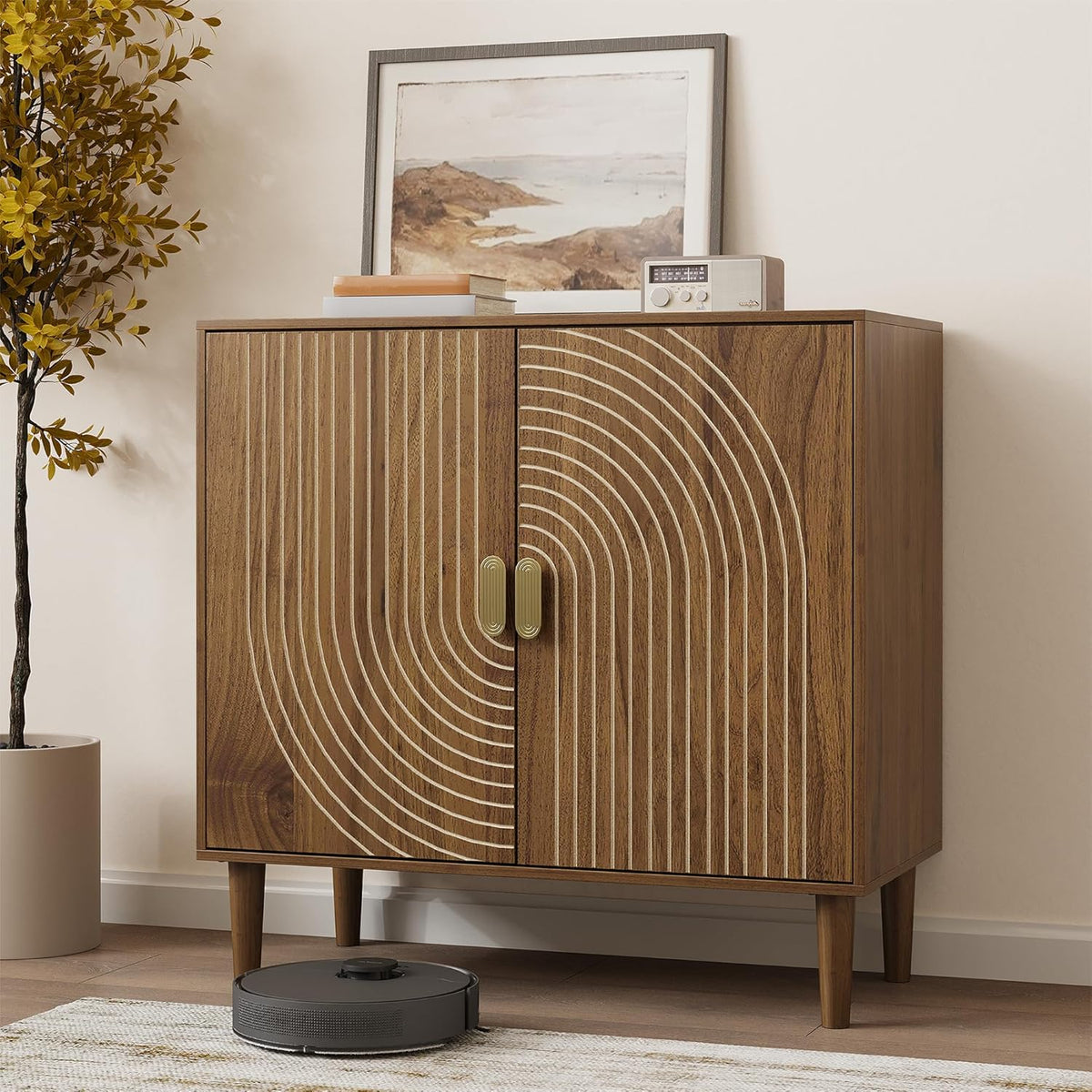 Smuxee Walnut Sideboard Cabinet, Freestanding Buffet Cabinet with Line Groove Design