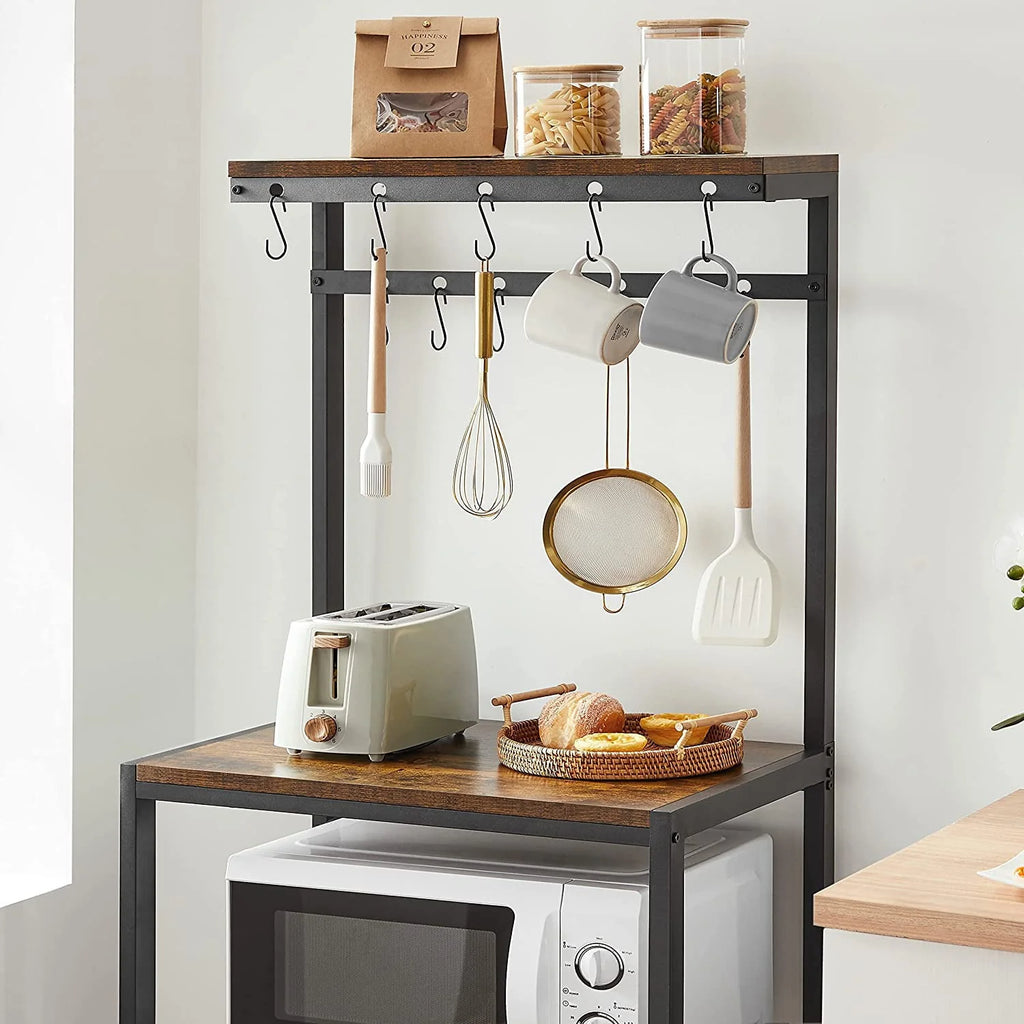 VASAGLE Kitchen Baker's Rack Microwave Oven Stand with Storage Shelves & 12 Hooks Industrial 15.7 x 23.6 x 59.6 Inches Rustic Brown and Black