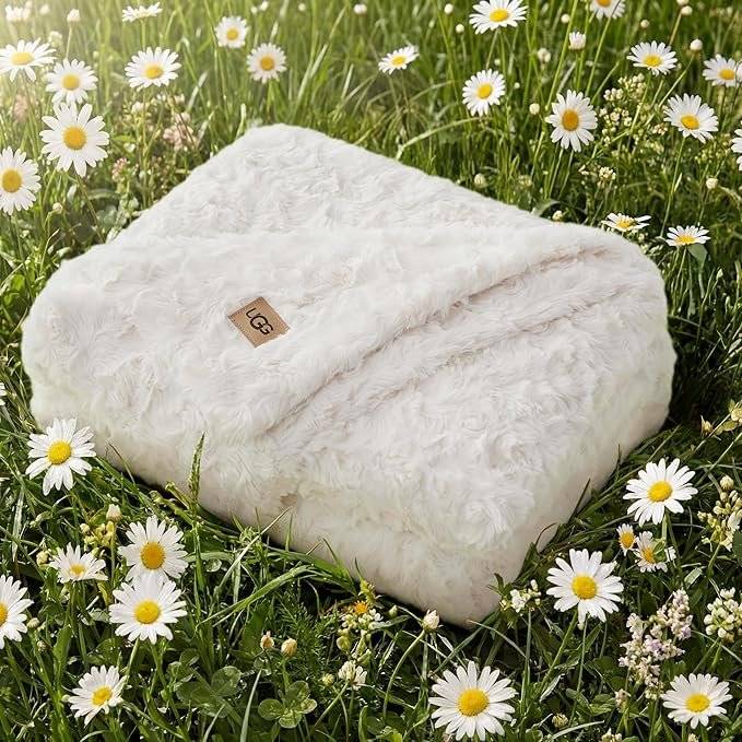 UGG Adalee Faux Fur Throw Blanket for Couch, Cozy Soft Blanket for Bed or Chair, Giftable Fluffy Throw, Machine Washable, Luxury Spring Home Decor, 50-inch x 70-inch, Natural White
