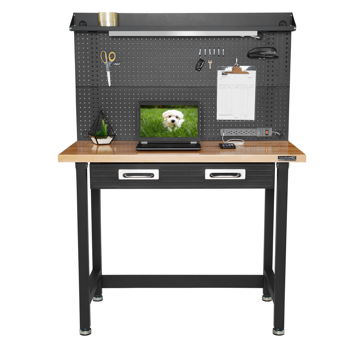Établi commercial robuste Seville Classics UltraHD avec éclairage et panneau perforé, granite, 48 po L x 24 po P x 65,5 po H