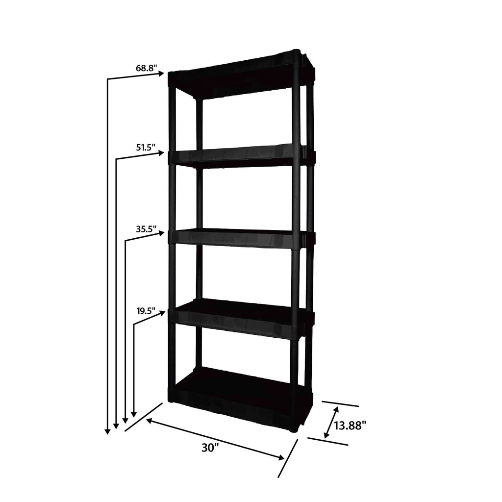 Hyper Tough Plastic 5-Tier Storage Shelf Unit 68.8"H x 30"W x 13.88"D, 350lb Total Capacity, Black