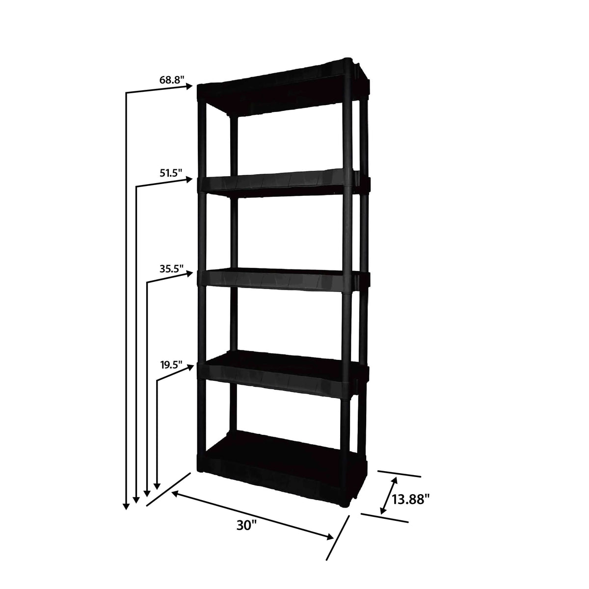 Hyper Tough Plastic 5-Tier Storage Shelf Unit 68.8"H x 30"W x 13.88"D, 350lb Total Capacity, Black