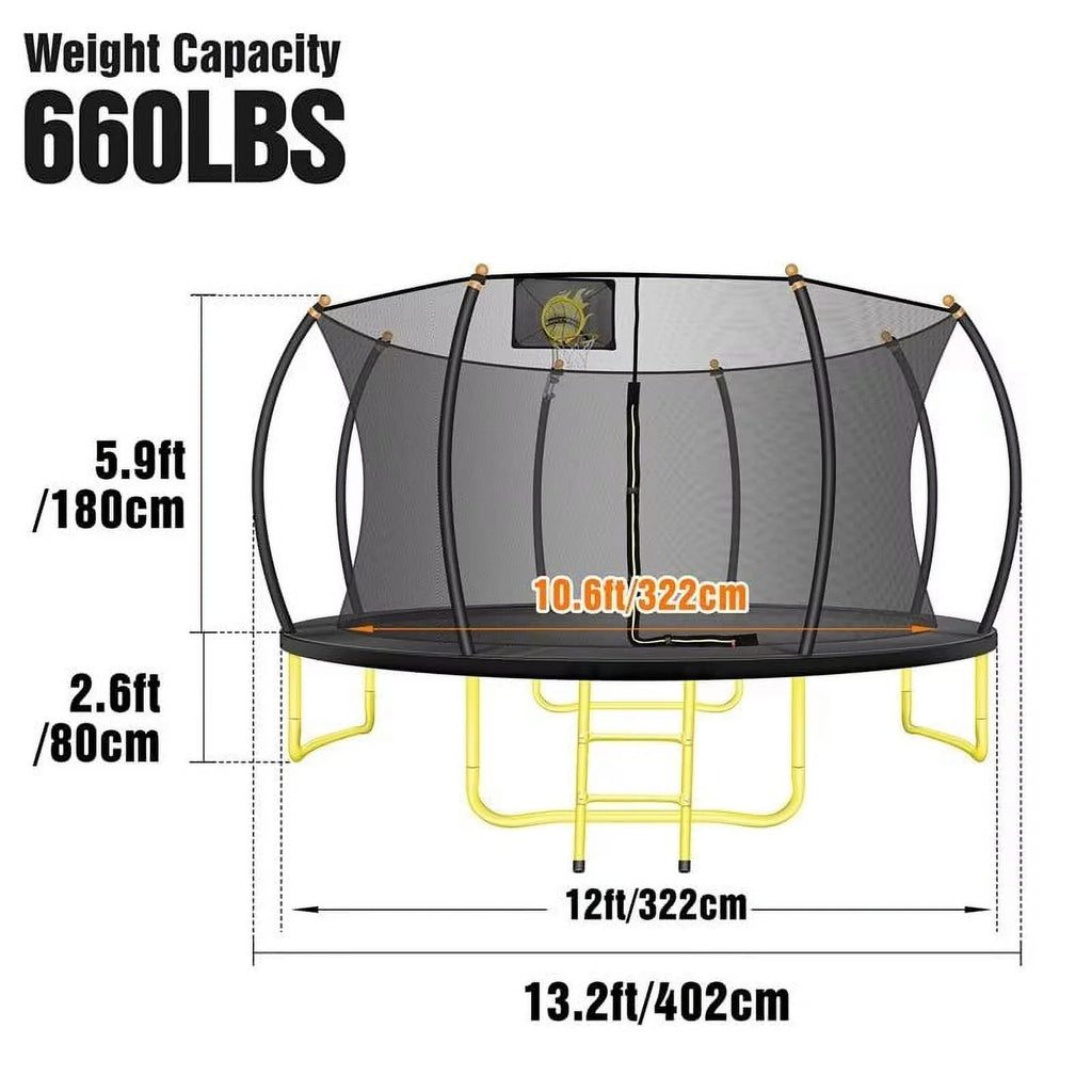 Triple Tree Trampoline with Enclosure, Black/Yellow, 63.78"x 17.72" x 8.66"