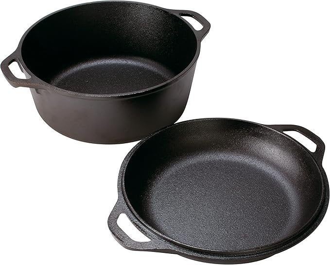 Lodge Cast Iron Double Dutch Oven – Pre-Seasoned 2-in-1 Cast Iron Cookware – Pot & Skillet Combo – Even Heat Retention – Oven-Safe, Versatile Pot – 5 Quart