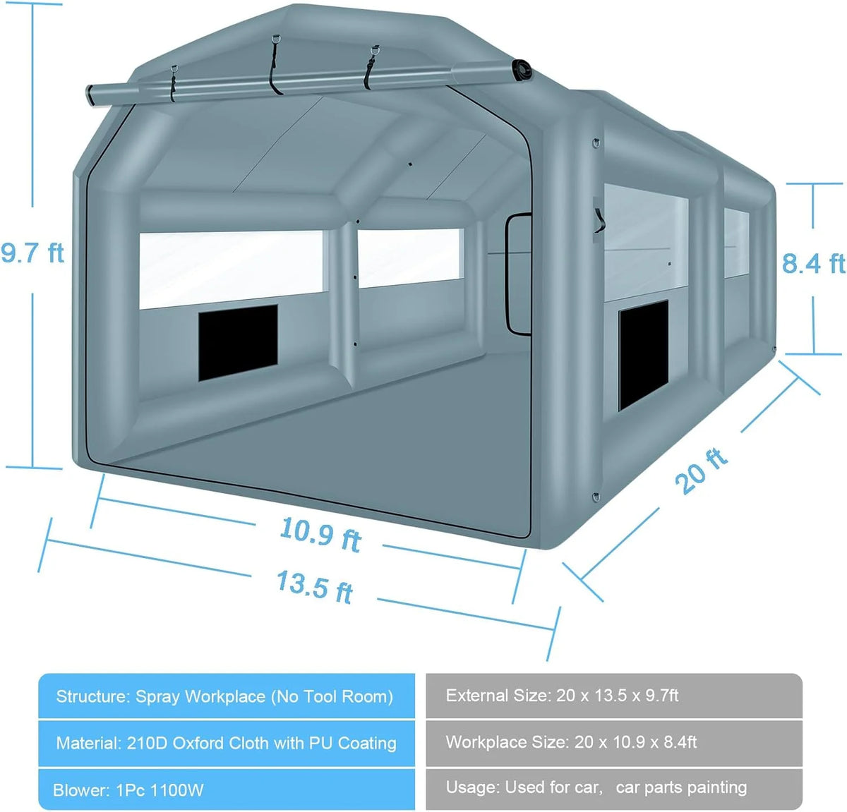 xhyhwyd Inflatable Paint Booth 20 x 13.5 x 9.7ft Portable Inflatable Spray Booth Tent with 1100W Blower for DIY Spray Car Parts Painting