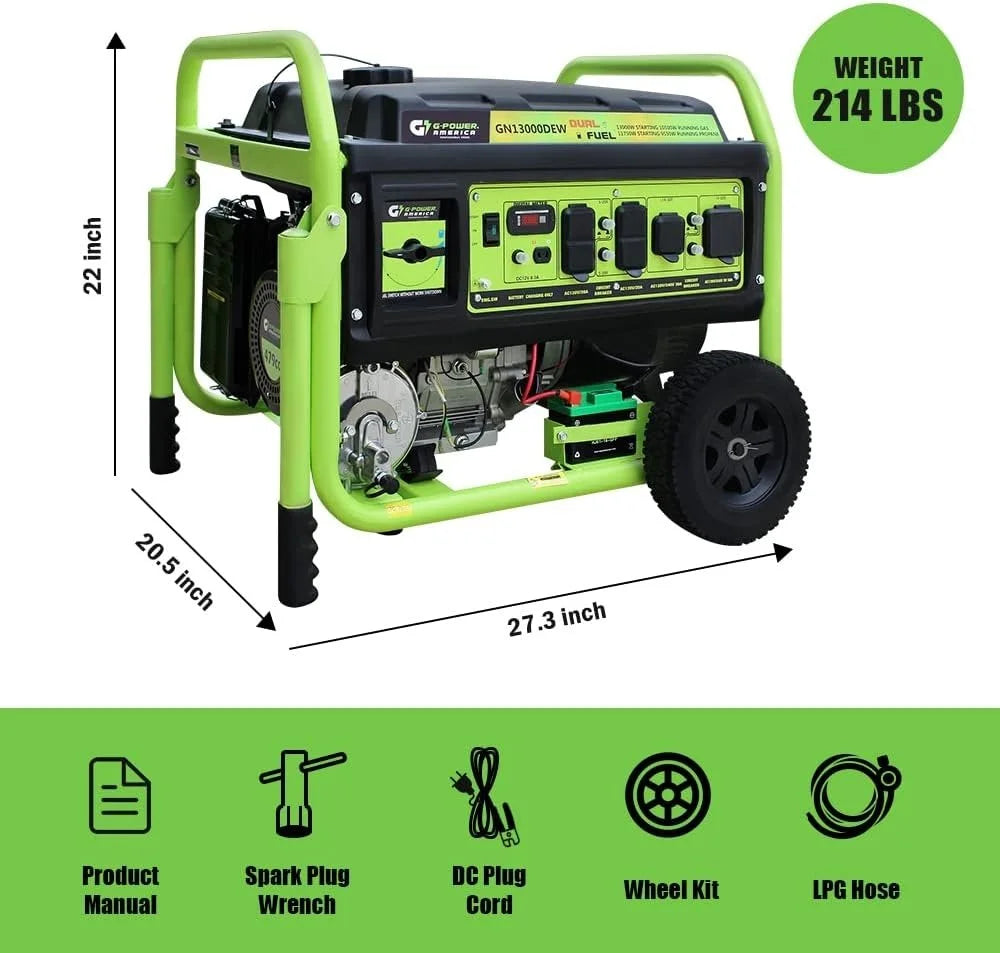 13,000W Dual Fuel Portable Generator, Powered by Gas or Propane, Electric Start, Home Backup & RV Readys.