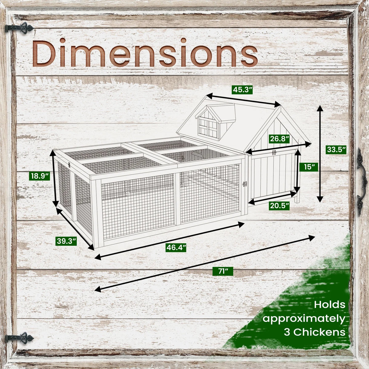 Hanover Outdoor Wooden Chicken Coop with Ramp, Large Wire Mesh Run, Waterproof Roof, Removable Tray 2.8 Ft. x 5.9 Ft. x 3.8 Ft.