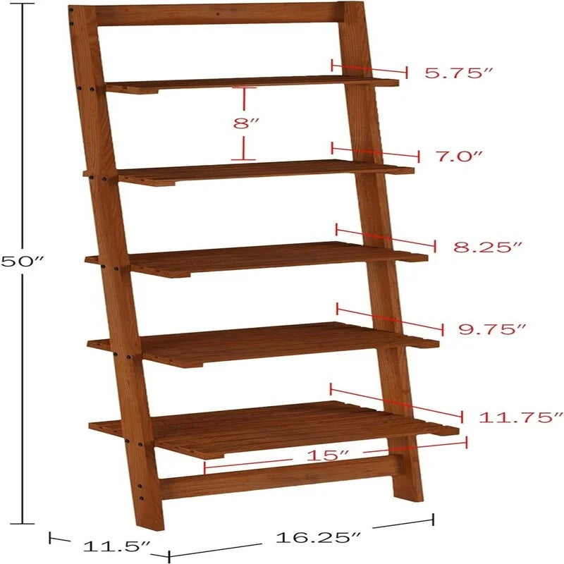 5 Tier Bookshelf Leaning Ladder Shelf Decorative Book Shelves for Bedroom - 11.5"D x 16.25"W x 50"H Cherry