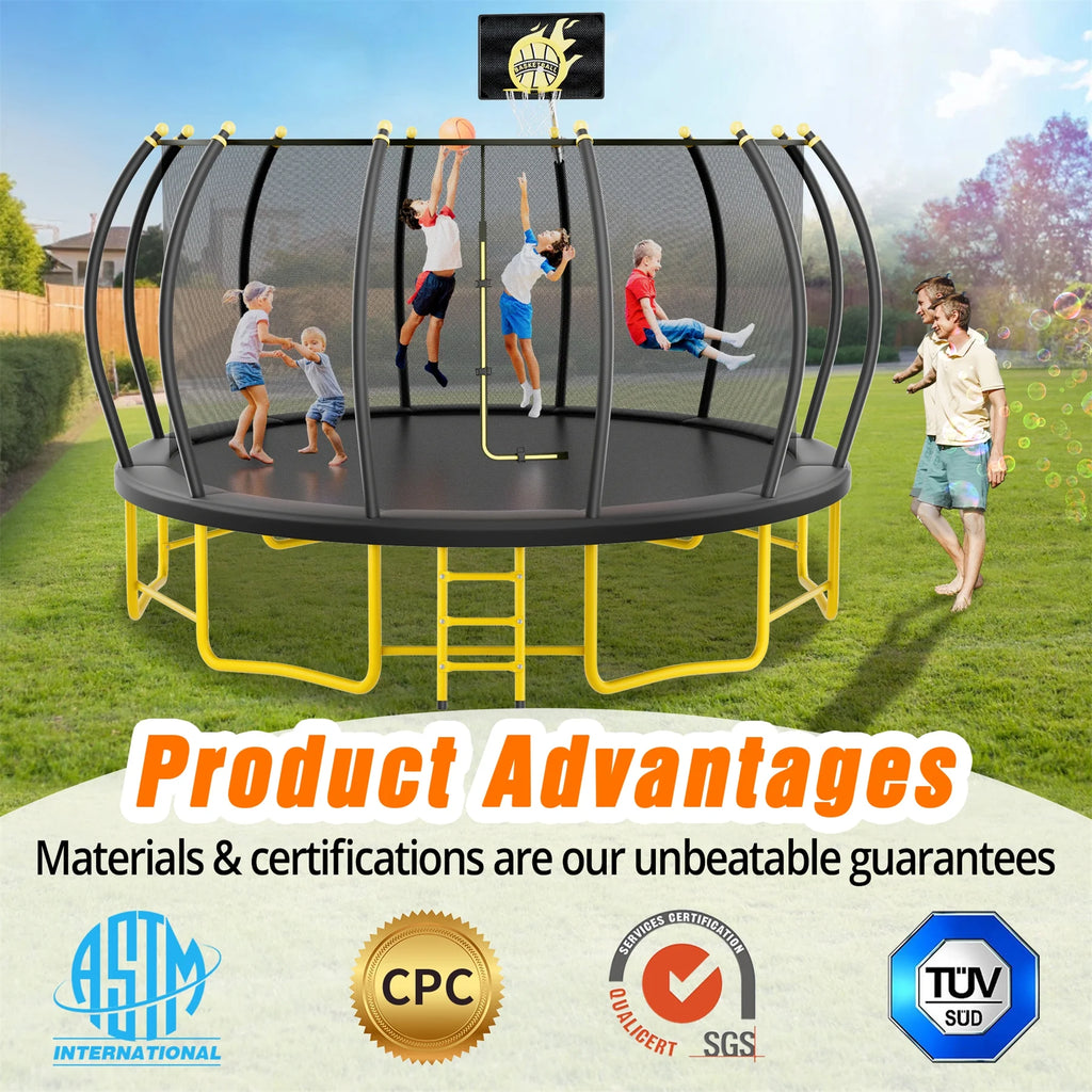 Triple Tree Trampoline with Enclosure, Black/Yellow, 63.78"x 17.72" x 8.66"