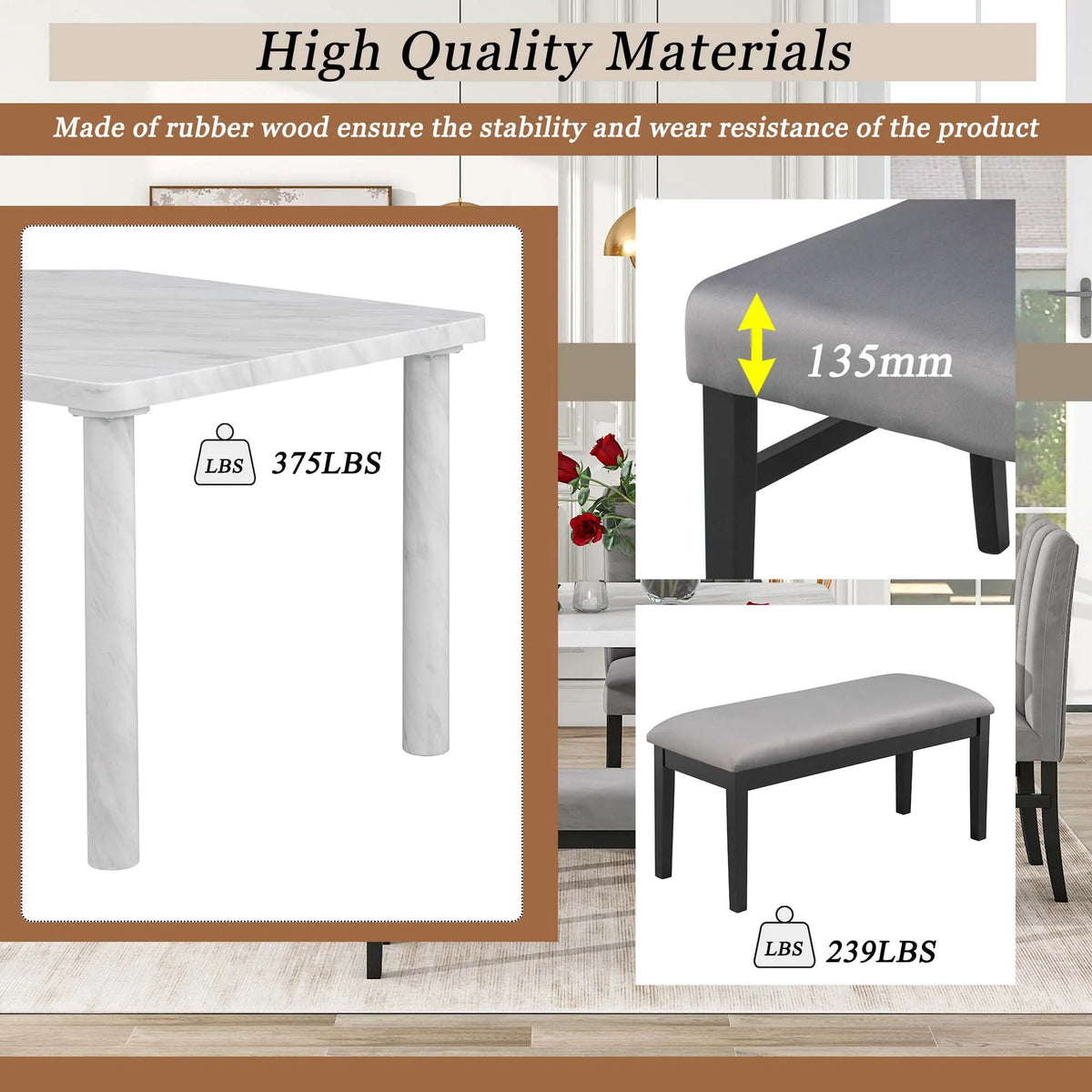 Set of 6 Marble Sticker Dining Table and 4 Velvet Upholstered Dining Chairs and Bench (White+Grey) Dimensions Table: 60"L x 36"W x 30"H Chair: 19.3"L x 20.5"W x 37.8"H