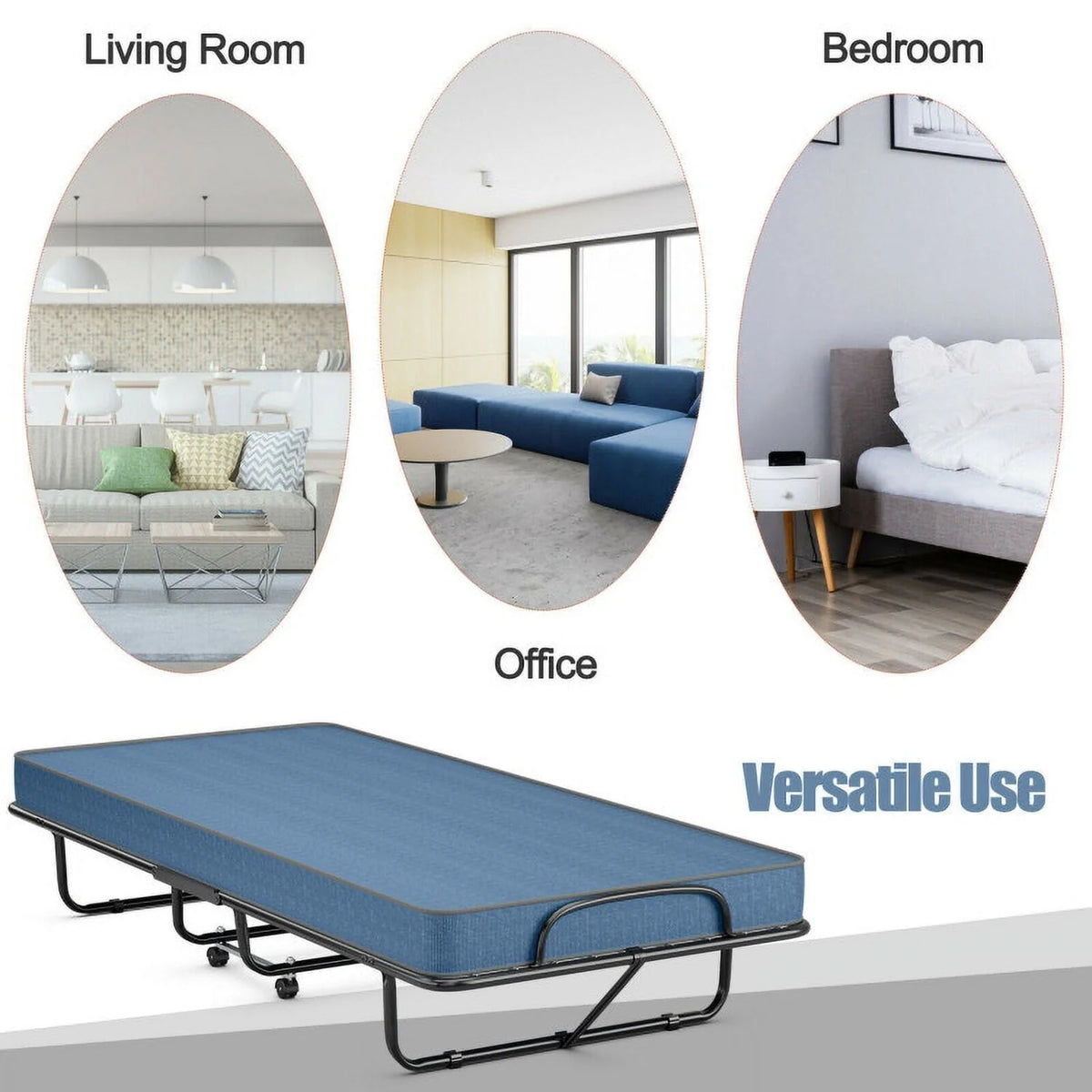 Folding Bed with Memory Foam Mattress, Rollaway Guest Metal Frame for Kids Adults, Portable Sleeping Spare for Bedroom Office, Easy Assembly, 79" x 39"x 15.5"