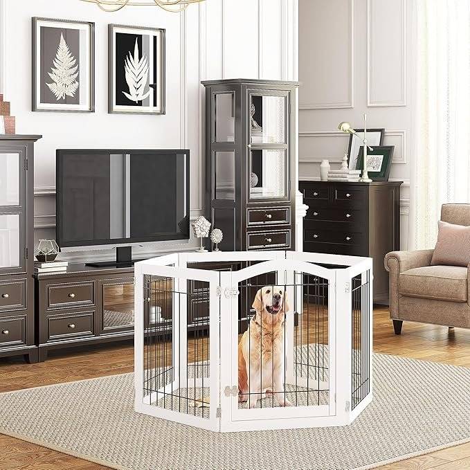 PAWLAND 144-inch Extra Wide 30-inches Tall Dog gate with Door Walk Through, Freestanding Wire Pet Gate for The House, Doorway, Stairs, Pet Puppy Safety Fence, Support Feet Included, White,6 Panels
