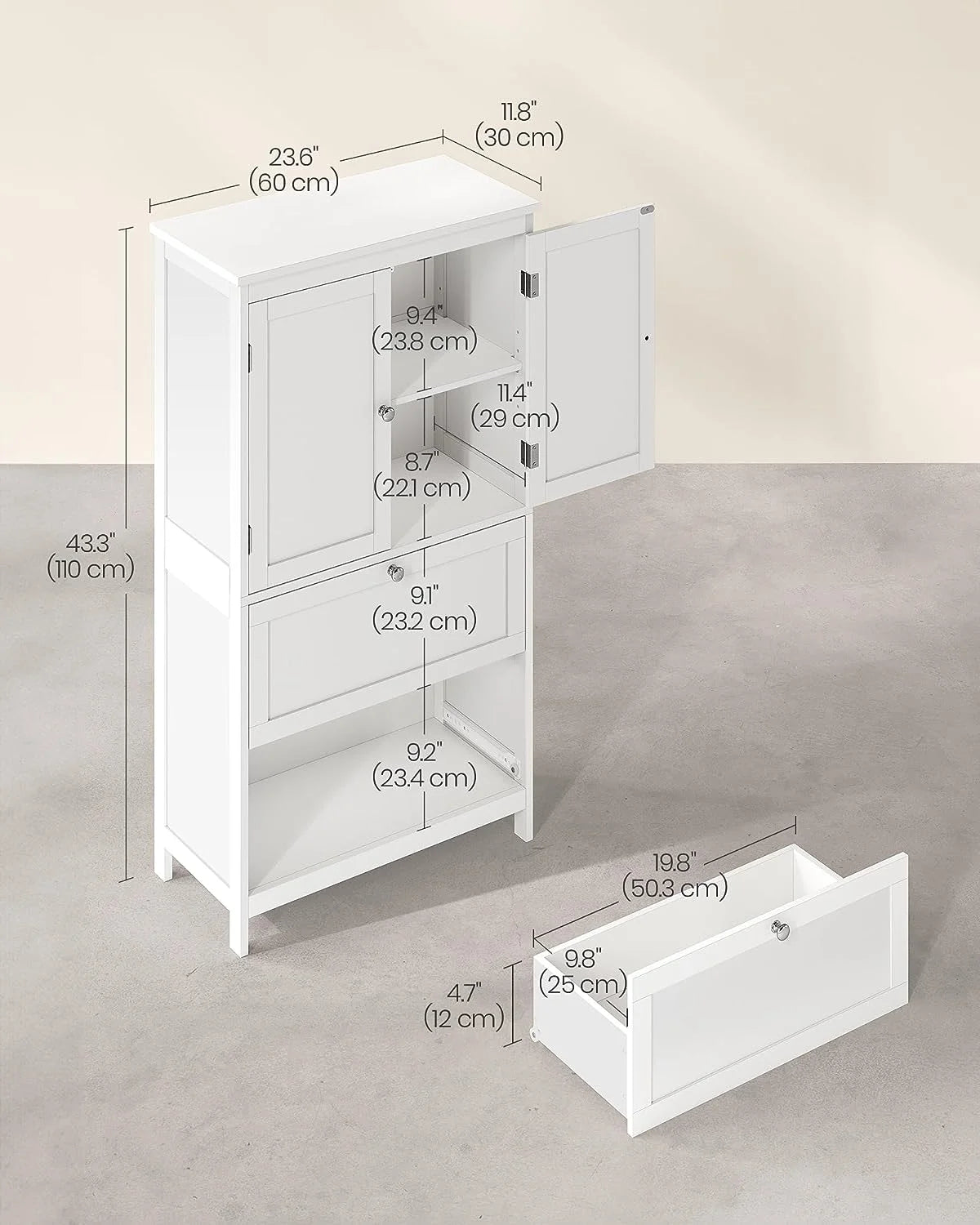 Meuble de rangement sur pied, unité de rangement, armoire indépendante avec 2 tiroirs et 2 portes, étagère réglable, 30 x 60 x 110 cm, blanc