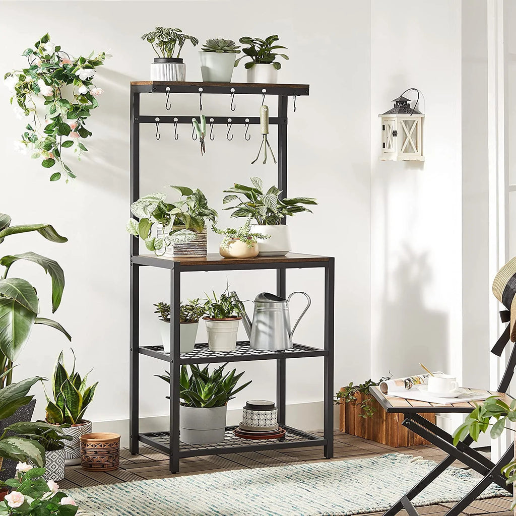 VASAGLE Kitchen Baker's Rack Microwave Oven Stand with Storage Shelves & 12 Hooks Industrial 15.7 x 23.6 x 59.6 Inches Rustic Brown and Black