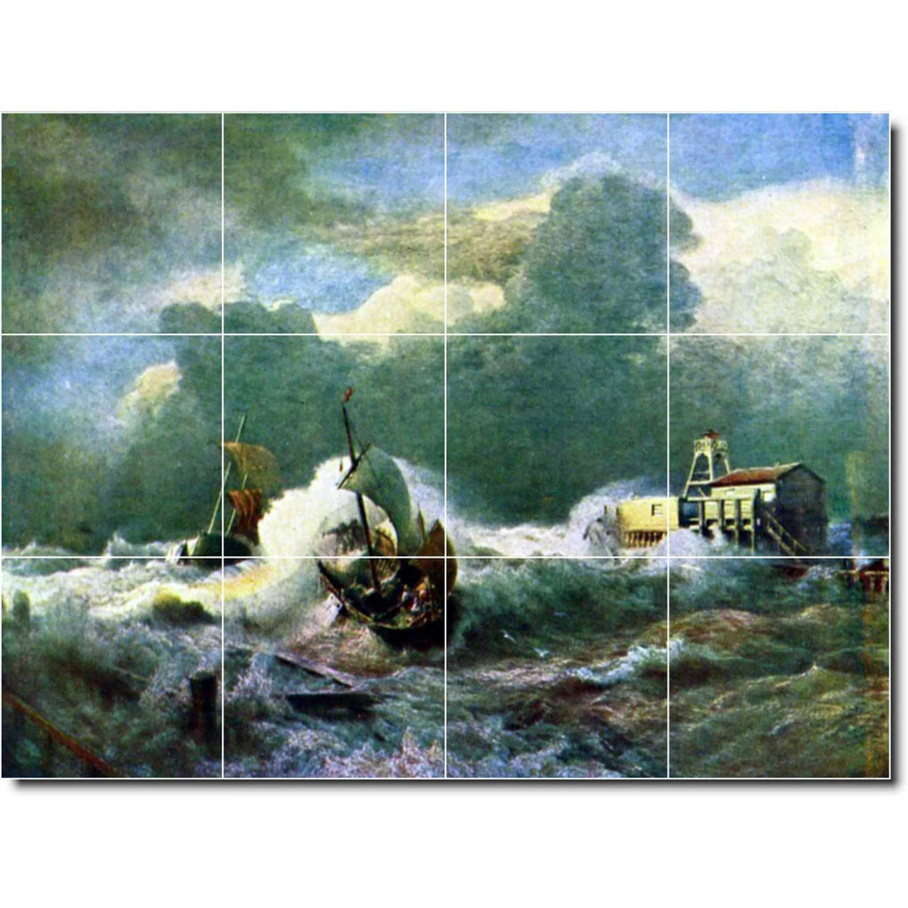 Ceramic Tile Mural-Andreas Achenbach Waterfront Painting 89. 32" w x 24" h using (12) 8 x 8 ceramic tiles