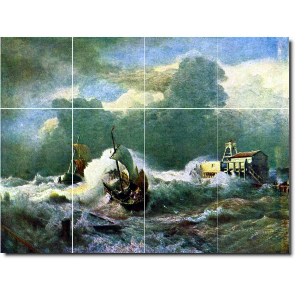 Ceramic Tile Mural-Andreas Achenbach Waterfront Painting 89. 32" w x 24" h using (12) 8 x 8 ceramic tiles