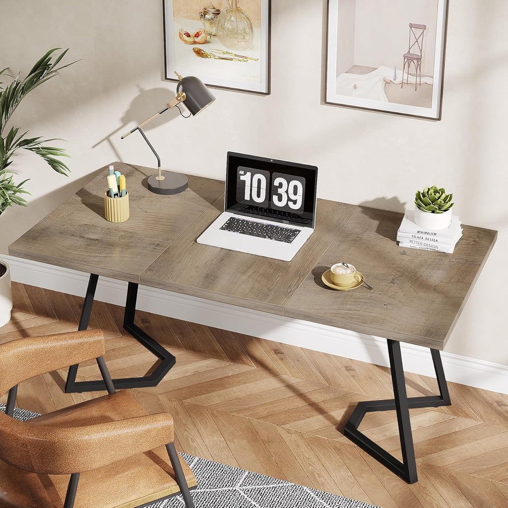 Finmind Modern Home Office Desk, Adult Study Writing Table with Metal Legs, White & Gold, 55.11" L x 31.49" D x 29.52" H