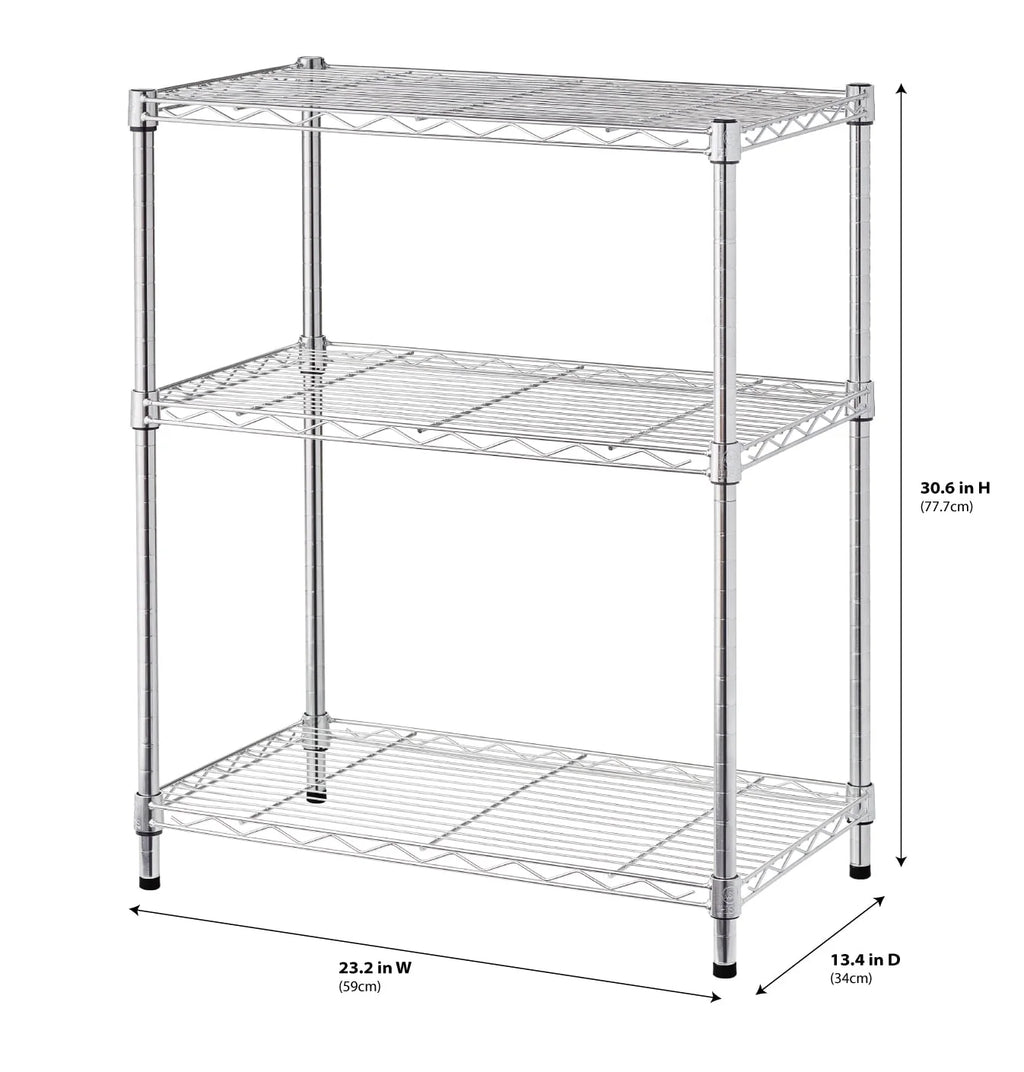 Hyper Tough Steel 3-Tier Storage Shelf Unit 30.6"H x 23.2"W x 13.4"D, 750lb Total Capacity, Chrome