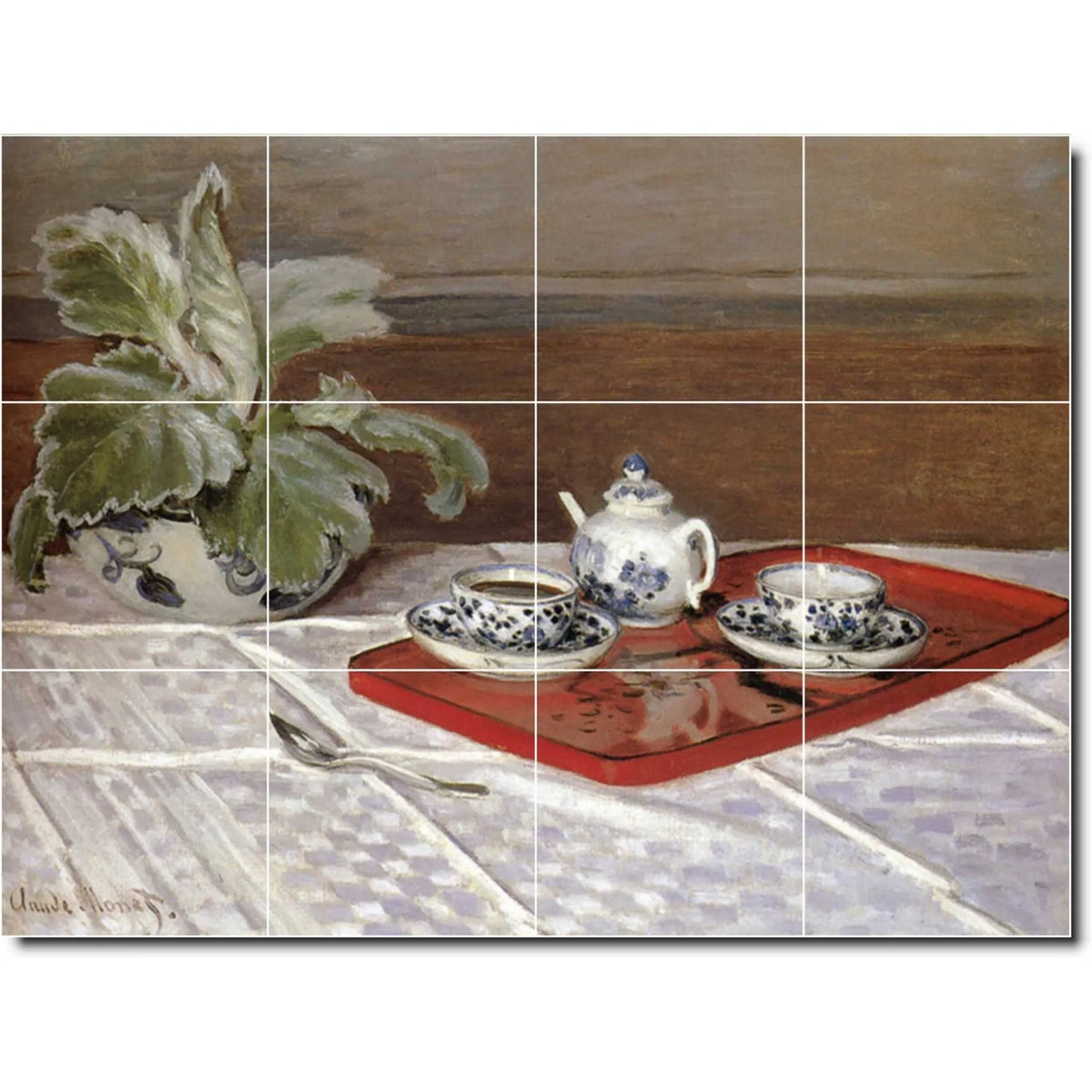 Mural en carreaux de céramique - Nature morte de Claude Monet, mural de sol, 68,5 cm L x 32,4 cm H, composé de (12) carreaux de céramique de 10,8 x 10,8 cm.