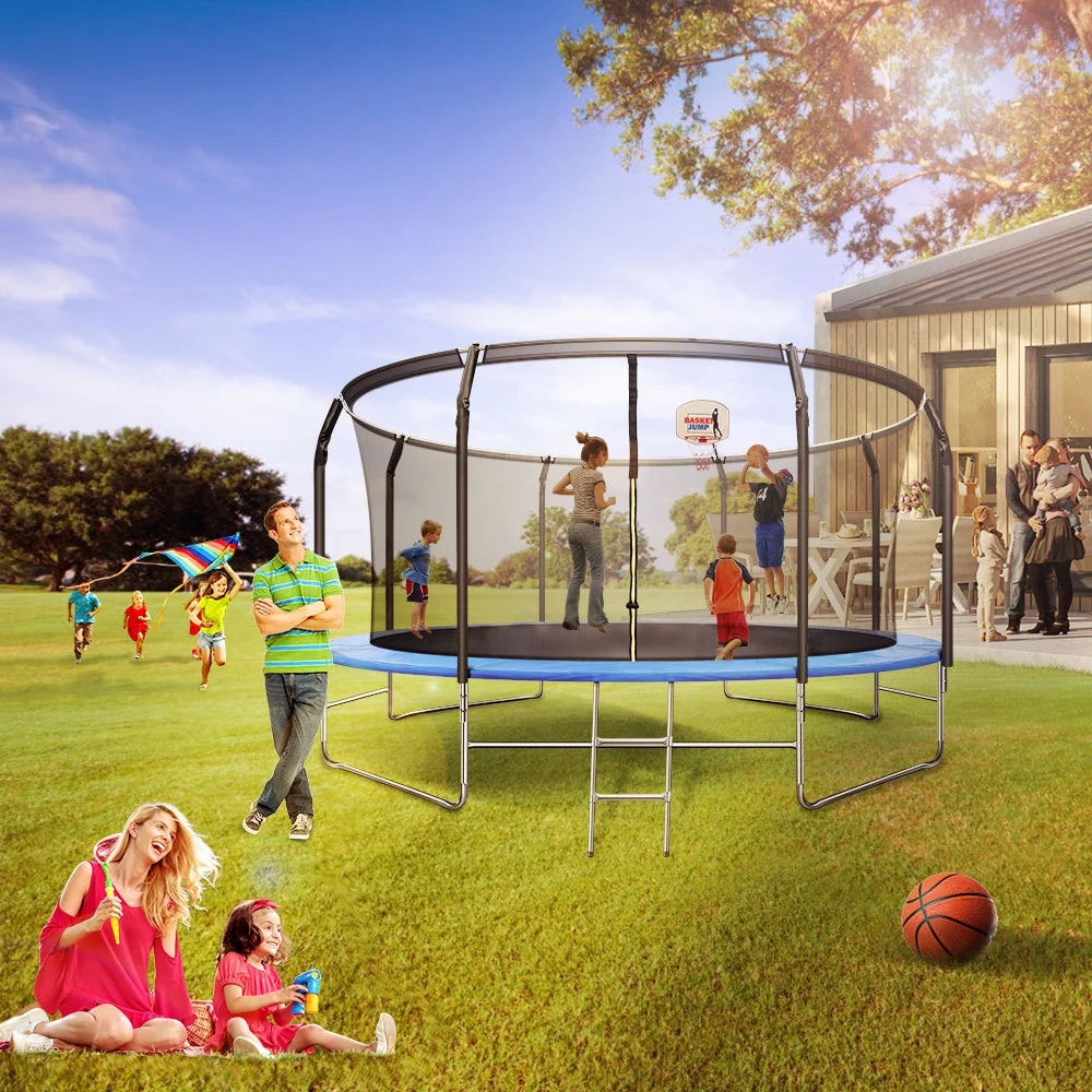 ARCTICSCORPION Trampoline With Balance Bar, 14 x 14 x 8.2 Feet 800lbs Load Safety Enclosure Net Basketball Hoop 2-Step Ladder For Toddlers, Black Blue