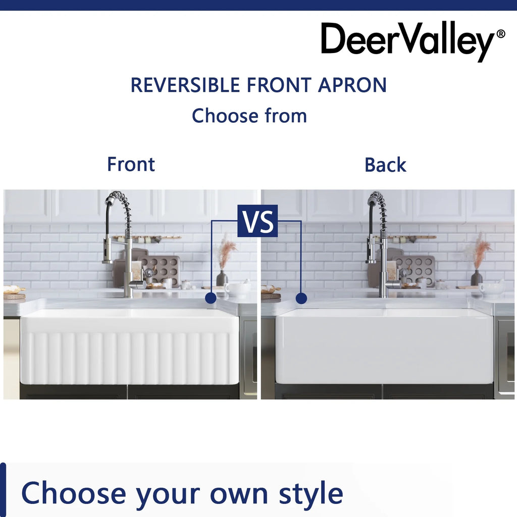 DeerValley Nova DV-1K503 Fireclay White Double Basin Farmhouse Kitchen Sink with Grid & Basket Strainer (33"L x 18"W x 10"H)