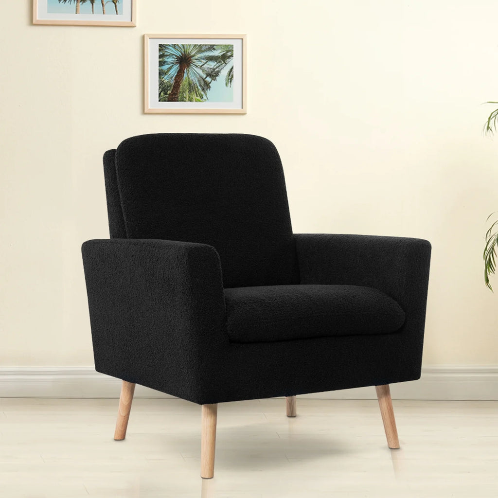 Naomi Home Frida Mid-Century Modern Accent Chair, Espresso Teddy Fleece Upholstered Armchair with Oak Legs, 28.74"D x 30.31"W x 35.04"H