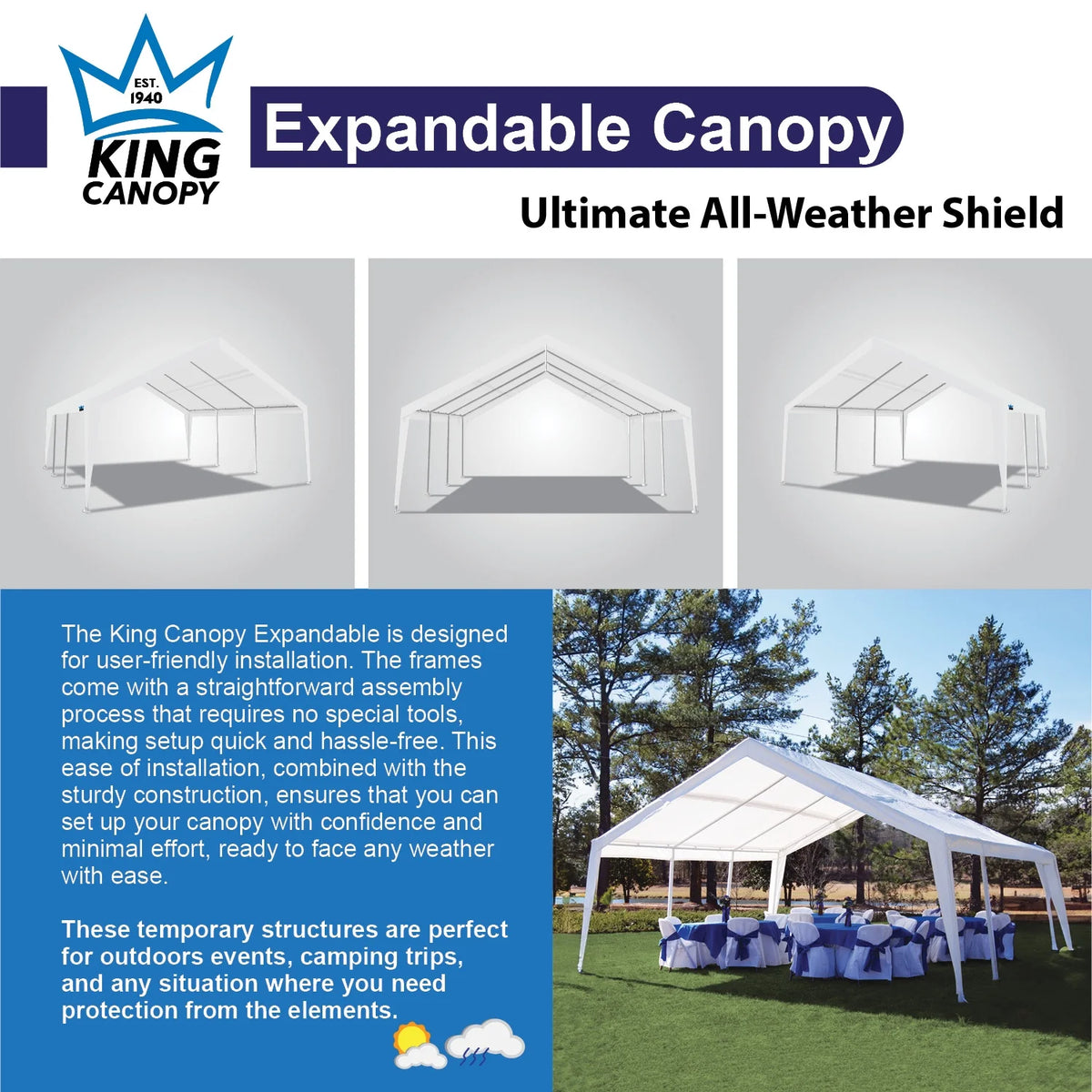 Abri extensible King Canopy 12 pi x 20 pi / 20 pi x 20 pi, structure en acier, 8 pieds, blanc