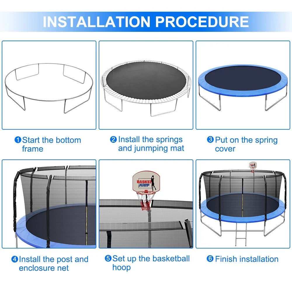 ARCTICSCORPION Trampoline With Balance Bar, 14 x 14 x 8.2 Feet 800lbs Load Safety Enclosure Net Basketball Hoop 2-Step Ladder For Toddlers, Black Blue
