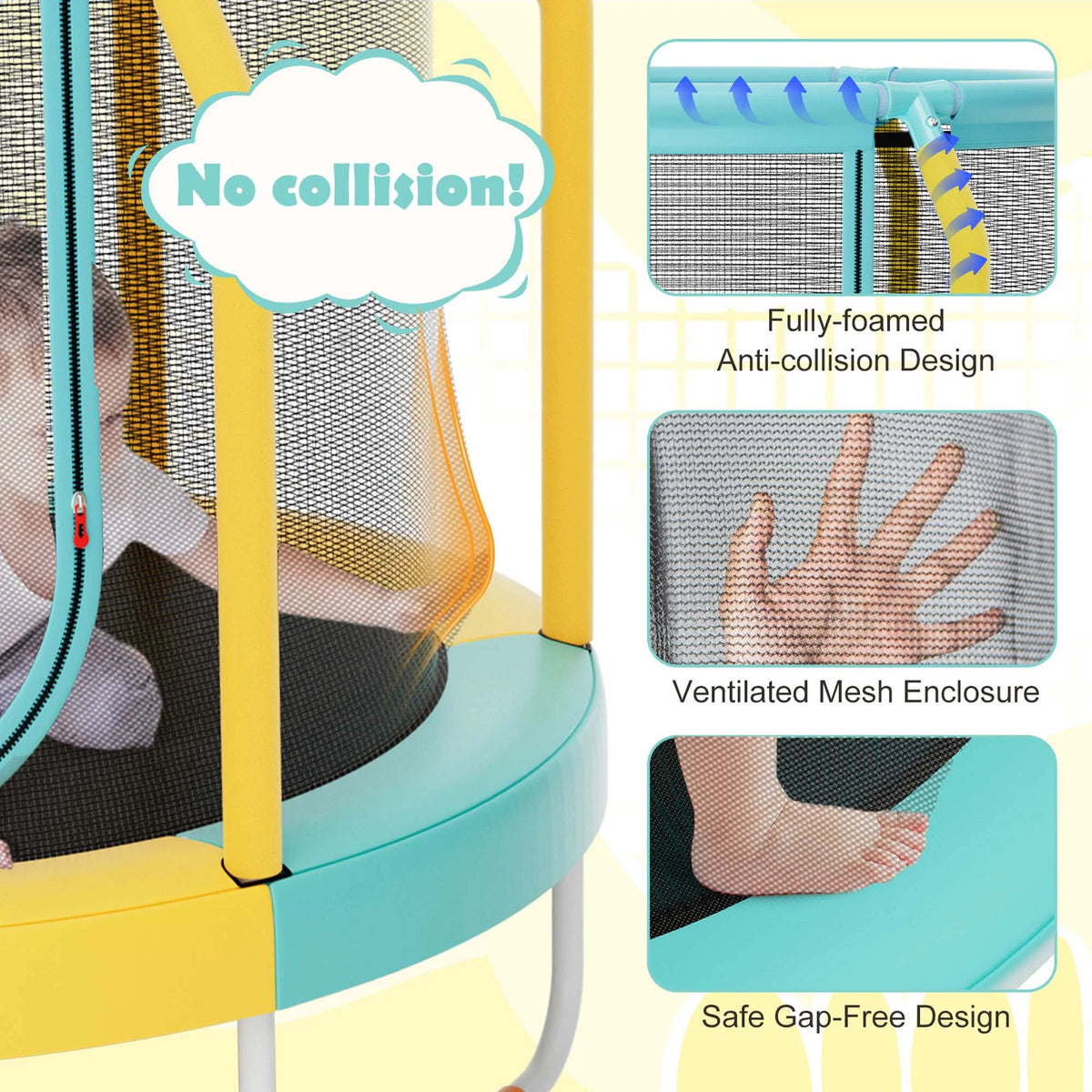 Costway Mini Trampoline with Enclosure for Kids, Blue/Yellow, 48.00" x 48.00" x 39.50"