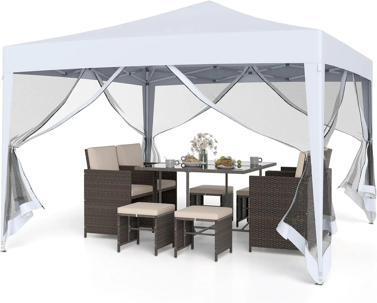 Goplus 10 FT x 10 FT Pop-Up Canopy Tent, Easy Setup Instant Folding Shelter w/Mesh Netting, Carry Bag, 8 Stakes & 4 Ropes, Height Adjustable Sunshade, Commercial Tent for Camping (Coffee)