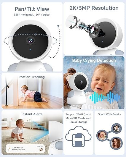 ARENTI Baby Monitor with 2 Cameras, 2K/3MP WiFi 6 Camera and Audio, 5-inch Wireless Screen, Smartphone App, Super Night Vision, Crying Detection, Auto Tracking, Temp&Humidity Sensor (D3 Set)
