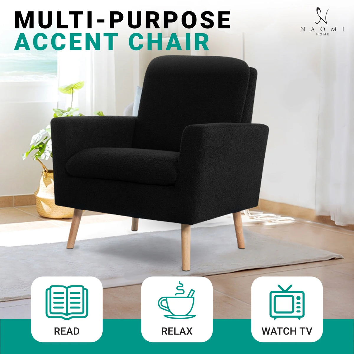 Naomi Home Frida Mid-Century Modern Accent Chair, Espresso Teddy Fleece Upholstered Armchair with Oak Legs, 28.74"D x 30.31"W x 35.04"H