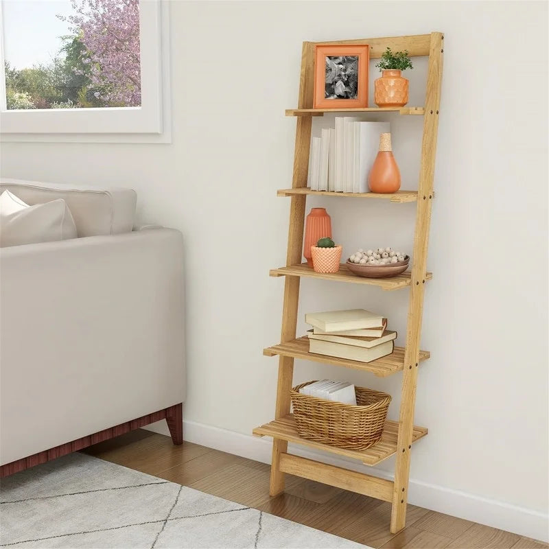 5 Tier Bookshelf Leaning Ladder Shelf Decorative Book Shelves for Bedroom - 11.5"D x 16.25"W x 50"H Cherry