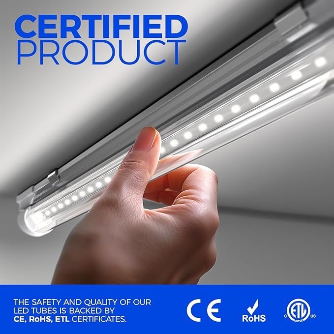 Barrina LED Shop Lights, 40W 5500LM 5000K, 4FT Integrated Fixture, V Shape,T8 Light Tube, Daylight White, Clear Cover, High Output, LED Shop Lights for Garage Warehouse Workshop Basement (Pack of 6)