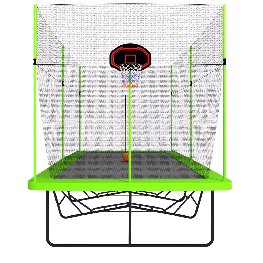 Triple Tree Rectangular Trampoline with Basketball Hoop, Green, 204.00" x 120.00" x 141.00"