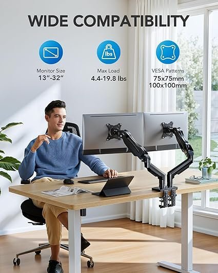 HUANUO FlowLift Dual Monitor Stand, Fully Adjustable Gaming Monitor Desk Mount for 13–32″ Computer Screens, Full Motion VESA 75×75/100×100 with C-Clamp & Grommet Base, Each Arm Holds 4.4 to 19.8 lbs