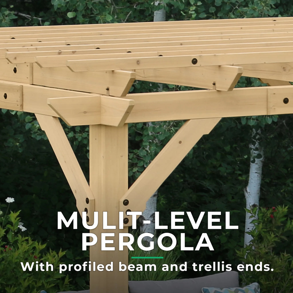 Pergola Yardistry Meridian 10 pi x 22 pi x 8 pi en cèdre naturel, design à niveaux multiples