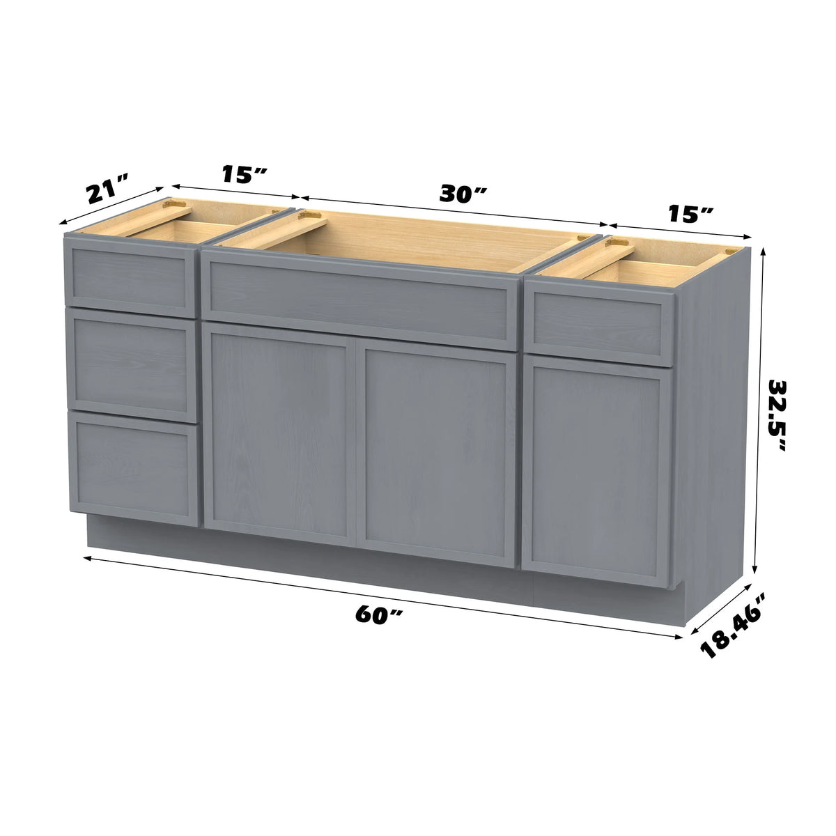 60 in. W x 21 in. D x 32.5 in. H Freestanding Bathroom Vanity Cabinet without Top in Smoky Gray