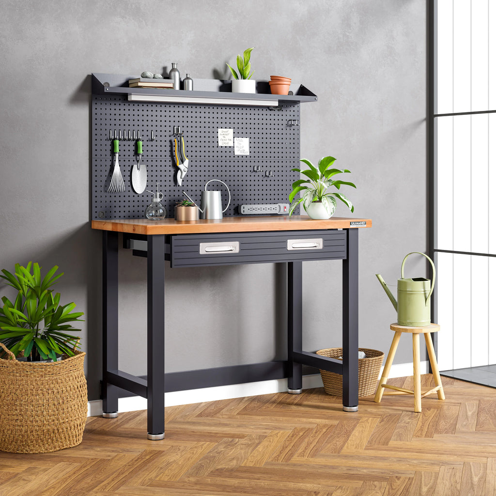 Établi commercial robuste Seville Classics UltraHD avec éclairage et panneau perforé, granite, 48 po L x 24 po P x 65,5 po H