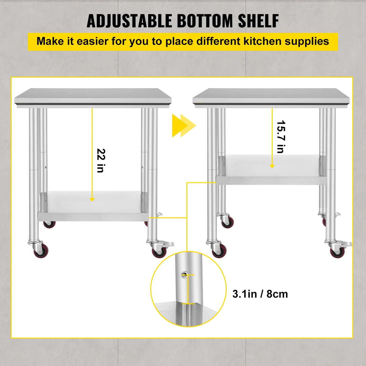 KFFKFF Stainless Steel Work Table with Wheels 24 x 30 Prep Table with casters Heavy Duty Work Table for Commercial Kitchen Restaurant Business (24 x 30 x 32 inch)