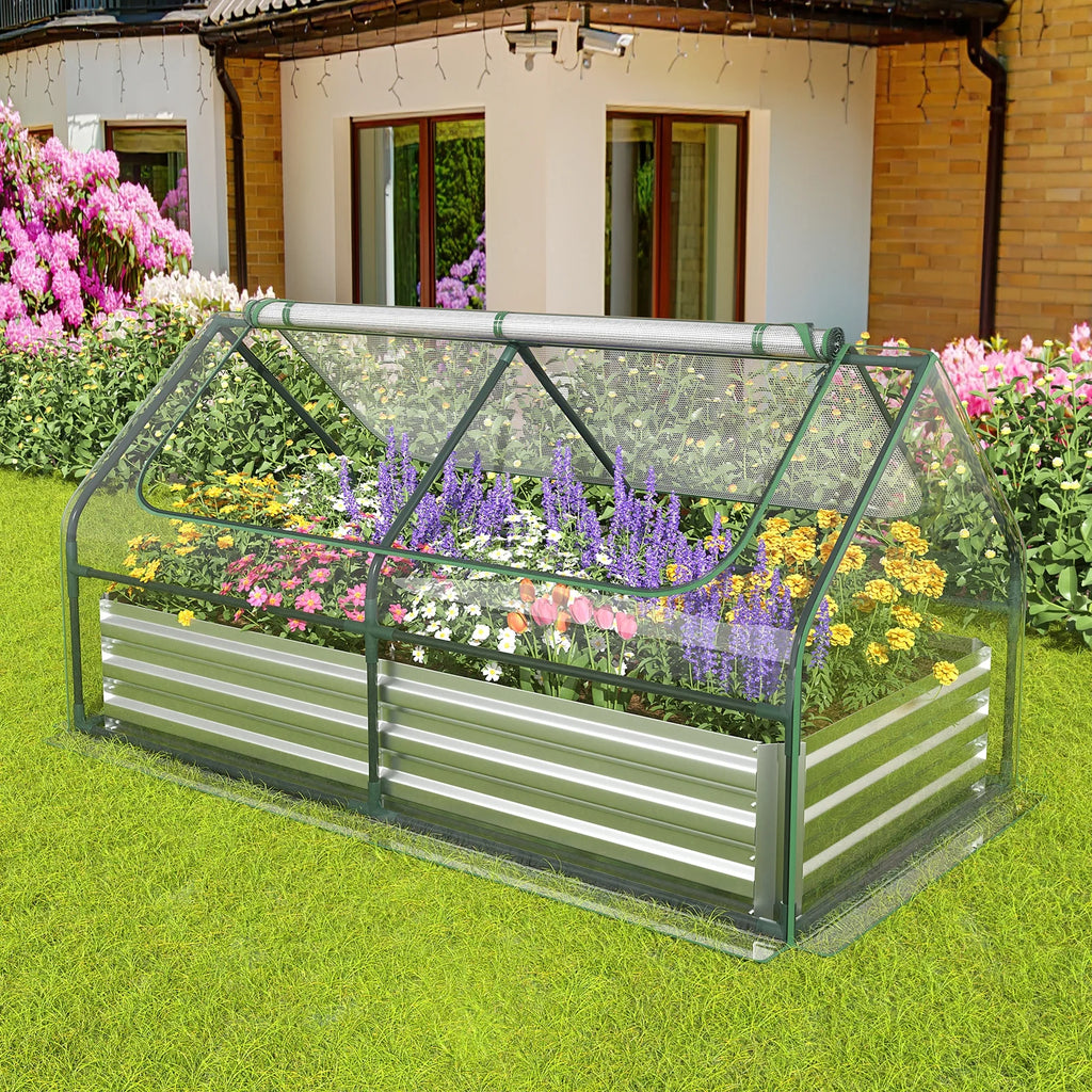 Bac de jardin surélevé galvanisé Topbuy 183 cm x 91 cm x 91 cm avec serre, jardinière sans fond avec housse transparente, kit de bac de plantation extérieur